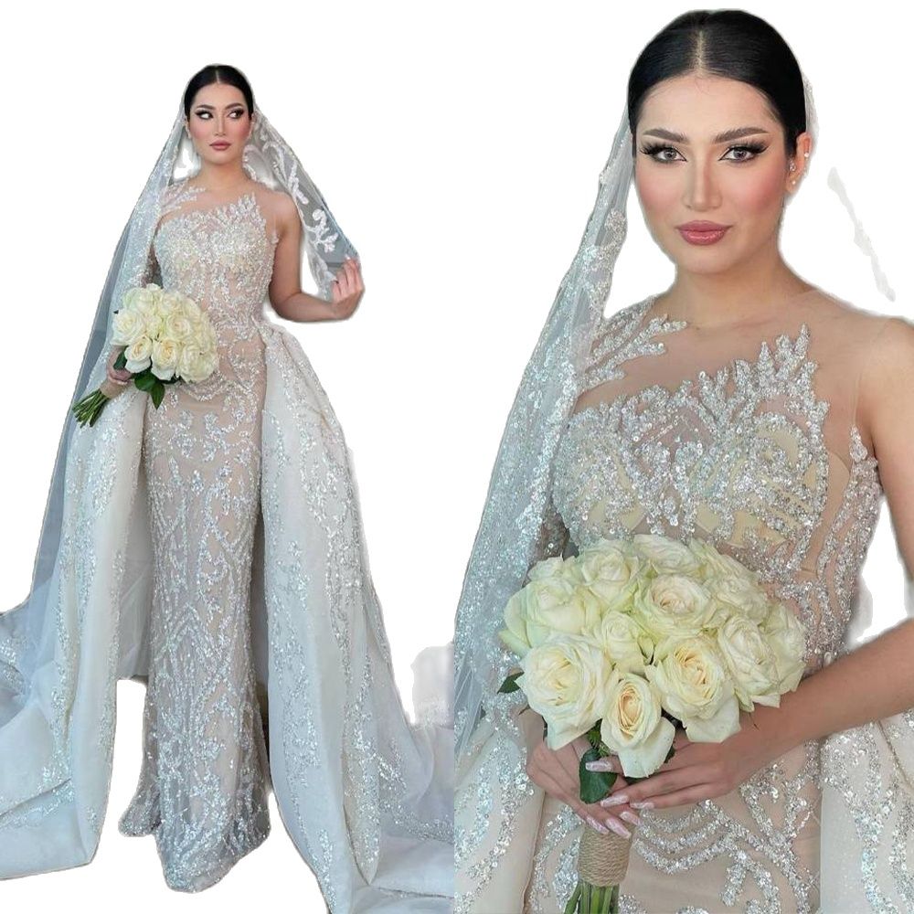 Sparkly Beads Mermaid Wedding Dress Sexy Sheer Jewel Neck Saudi Arabic Wedding Dresses With Detachable Train