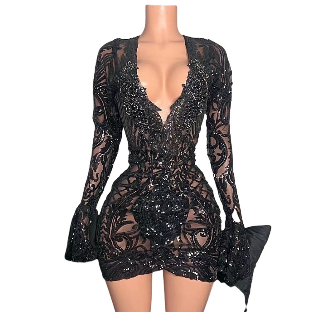 Little Black Dress Sparkly Illusion Short Prom Dresses Long Sleeves V Neck Mermaid Birthday Cocktail Party gown Celebrity Gowns