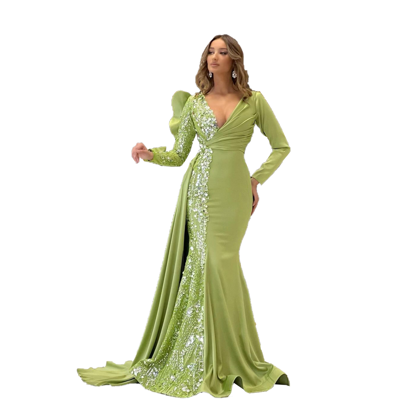 Sexy Green Lace Mermaid Evening Dresses High Split Sequins Prom Dress Simple Off The Shoulder Formal Party Gowns