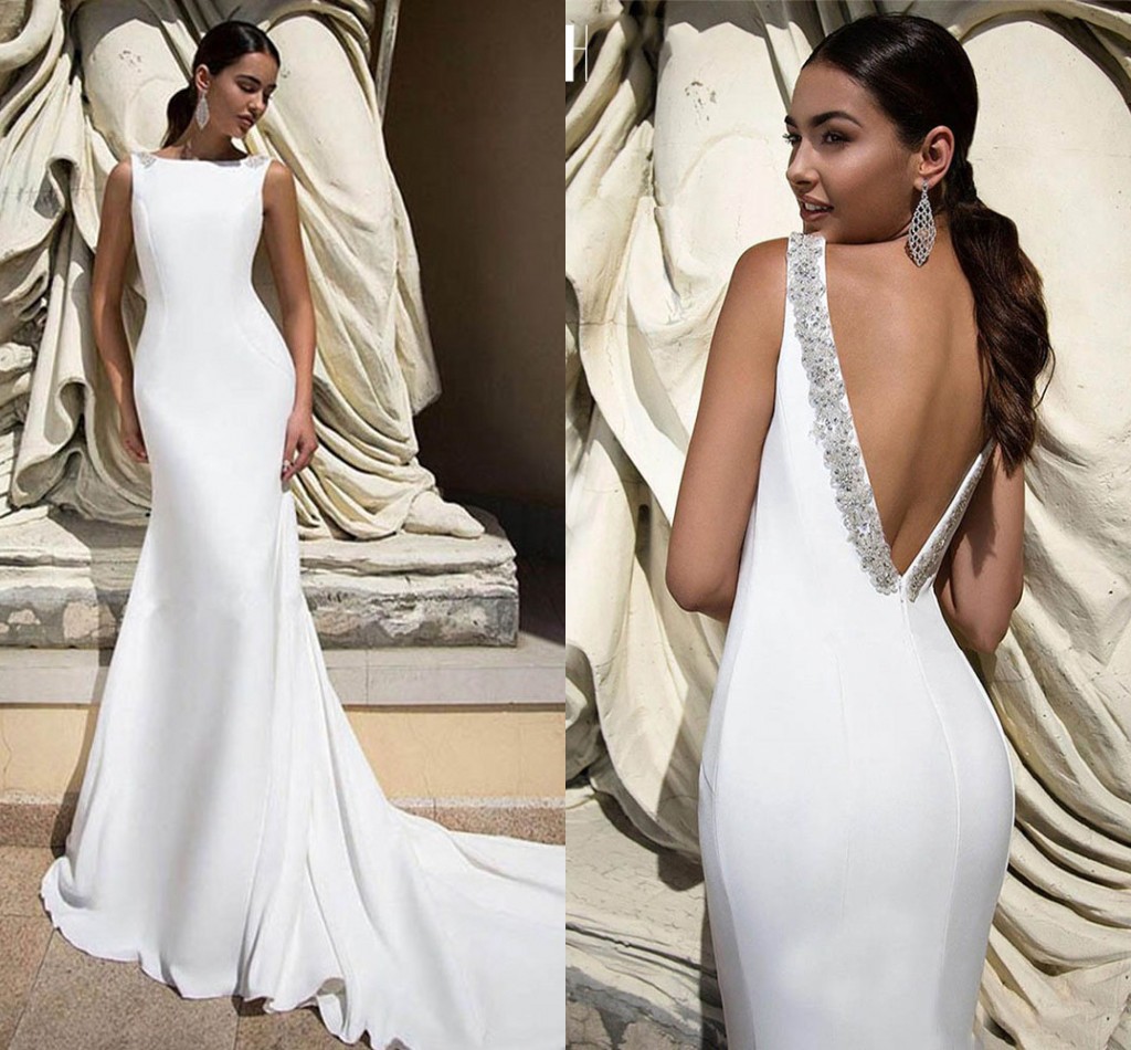 Simple Mermaid Wedding Dress Satin Appliques Beads 2023 Backless For Women Plain Beach Bridal Gown Sweep Train Vestido de Novia