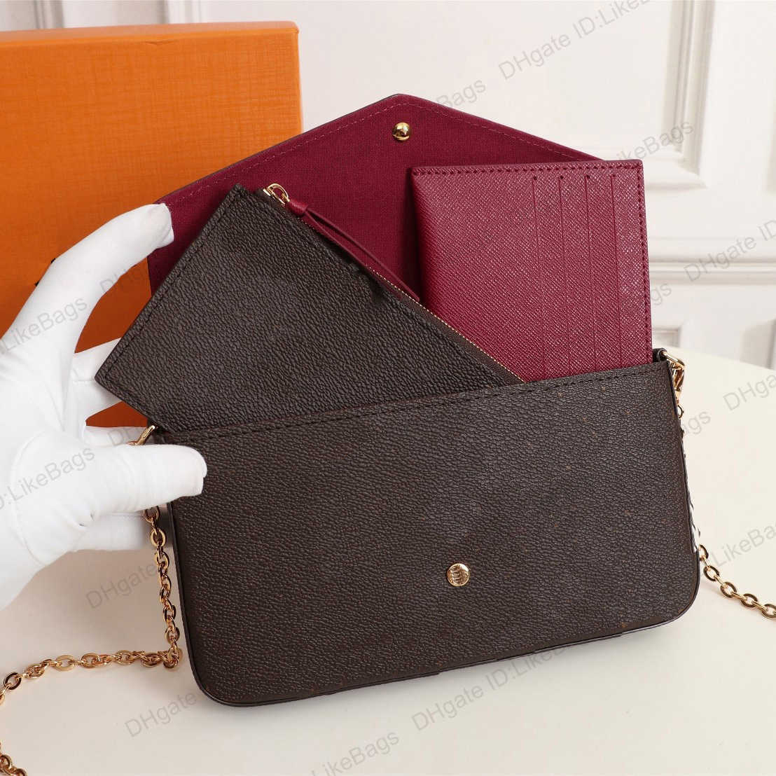 Luxury Designer Handbag Purse Women POCHETTE FELICIE Shoulder Bag 3pcs/set with Box Embossed Flower Leather Clutch Crossbody Messenger Bags, Brown flowers+peach inside
Luxury Designer Handbag Purse Women POCHETTE FELICIE Shoulder Bag 3pcs/set with Box Embossed Flower Leather Clutch Crossbody Messenger Bags, Brown flowers+peach inside