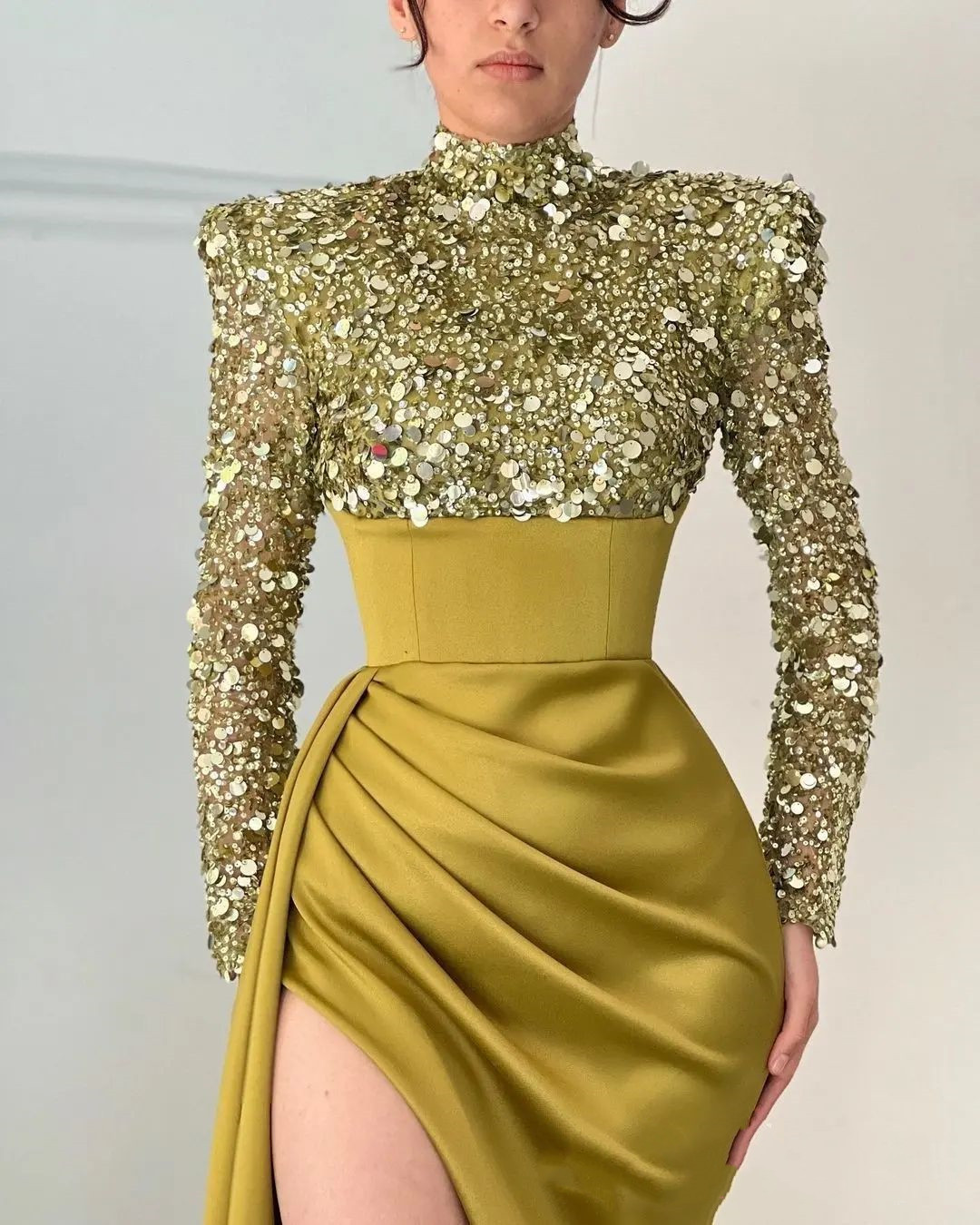 Aso Ebi Mermaid Gold Prom Dresses Backless Sequined Lace long sleeve Evening Formal Party Second Reception Birthday Engagement gown