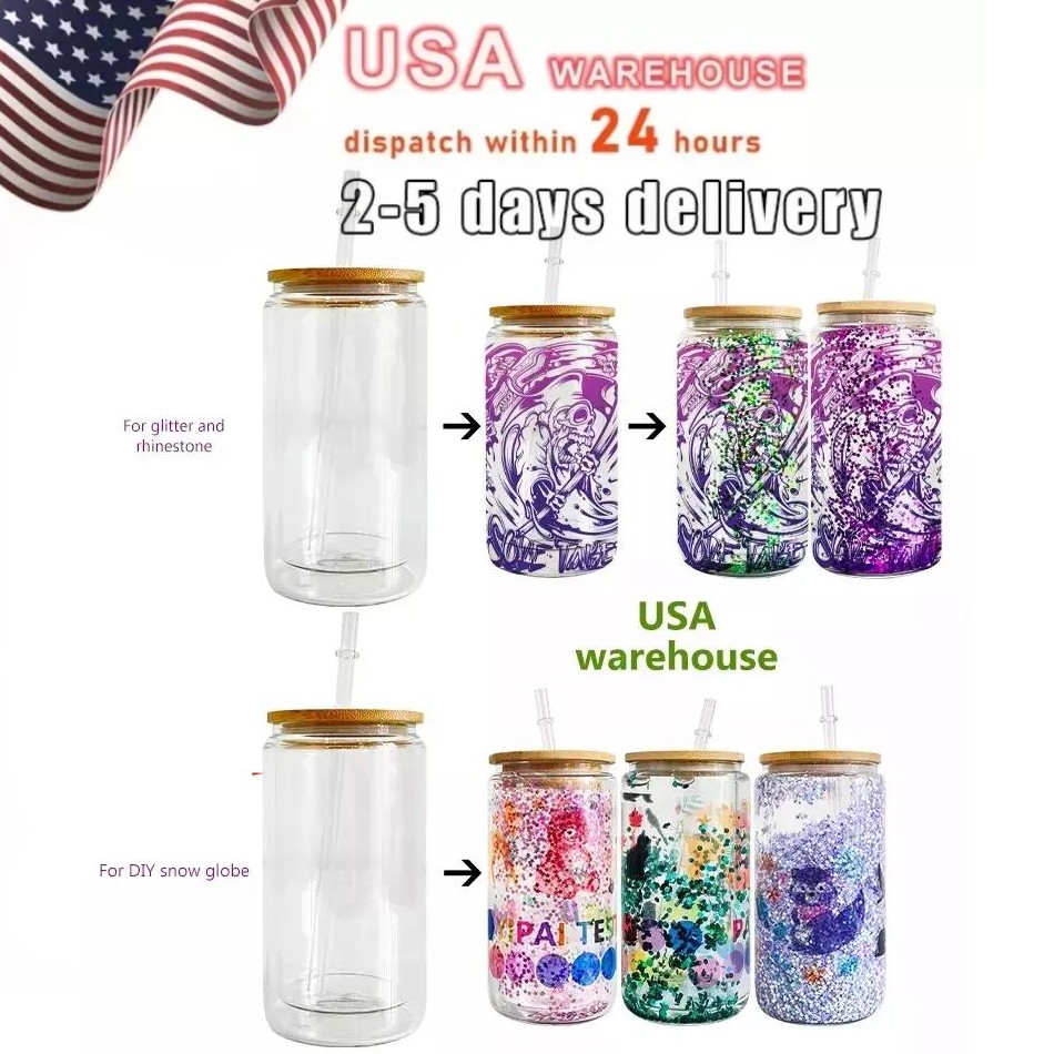US warehouse 12oz 16oz Sublimation Glass Mugs Cup Blanks With Bamboo Lid Frosted Beer Can Glasses Double Wall Snow Globe Tumbler Mason Jar With Plastic Straw GP1027, Clear
US warehouse 12oz 16oz Sublimation Glass Mugs Cup Blanks With Bamboo Lid Frosted Beer Can Glasses Double Wall Snow Globe Tumbler Mason Jar With Plastic Straw GP1027, Clear