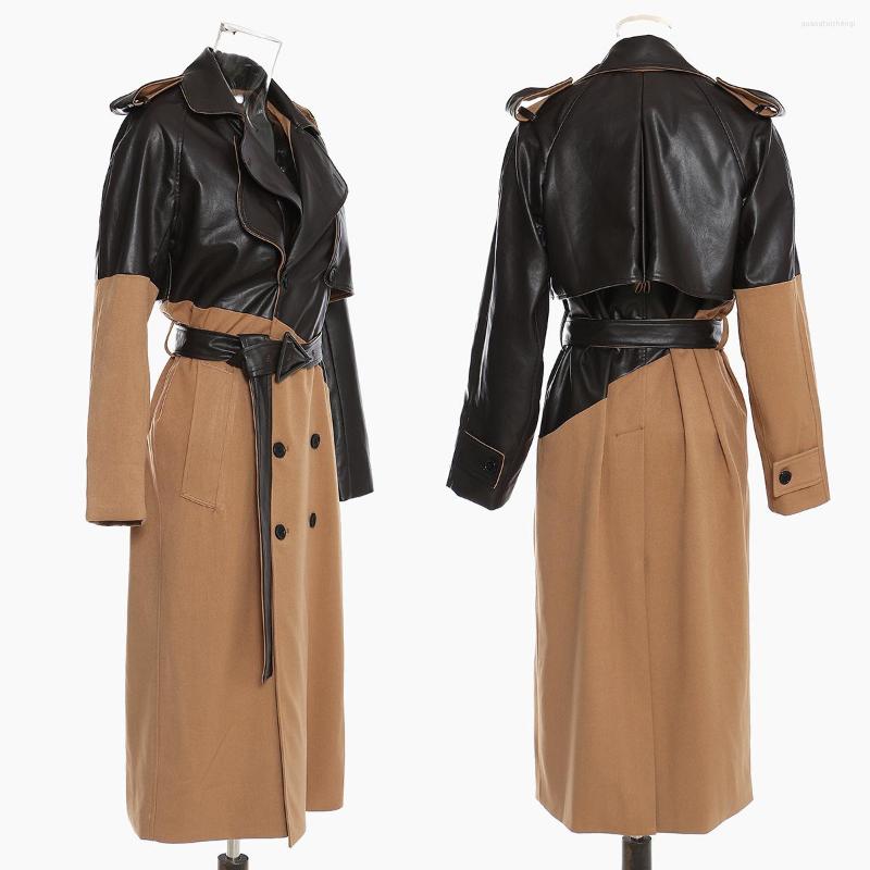 Women' Trench Coats Spliced Leather Windbreaker Women' Long Temperament Over The Knee Tie Waist Khaki Color Matching 2022
Women' Trench Coats Spliced Leather Windbreaker Women' Long Temperament Over The Knee Tie Waist Khaki Color Matching 2022