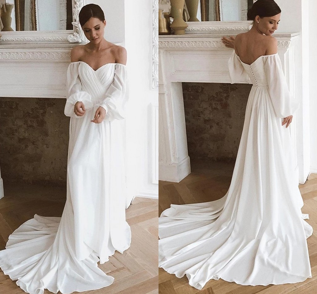 Off Shoulder Chiffon Beach Wedding Dress Long Sleeves Simple Boho Bridal Gowns With Train For Women Robe Mariage 2023