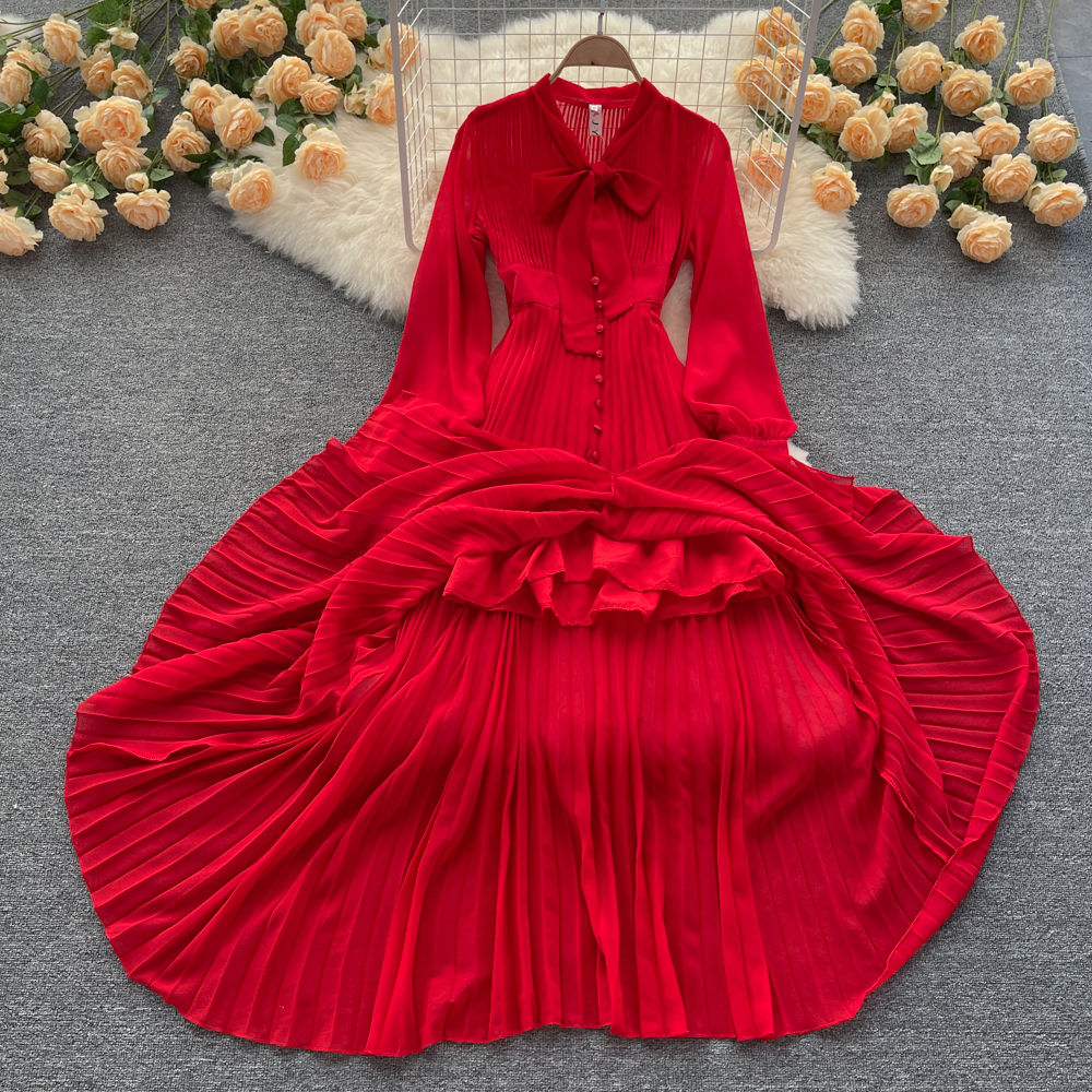 Early Spring Red Vintage Long Sleeve Shirt Party Dress High End Quality Pleated Waist Slim Super Fairy Swing Long Red Casual Skirts