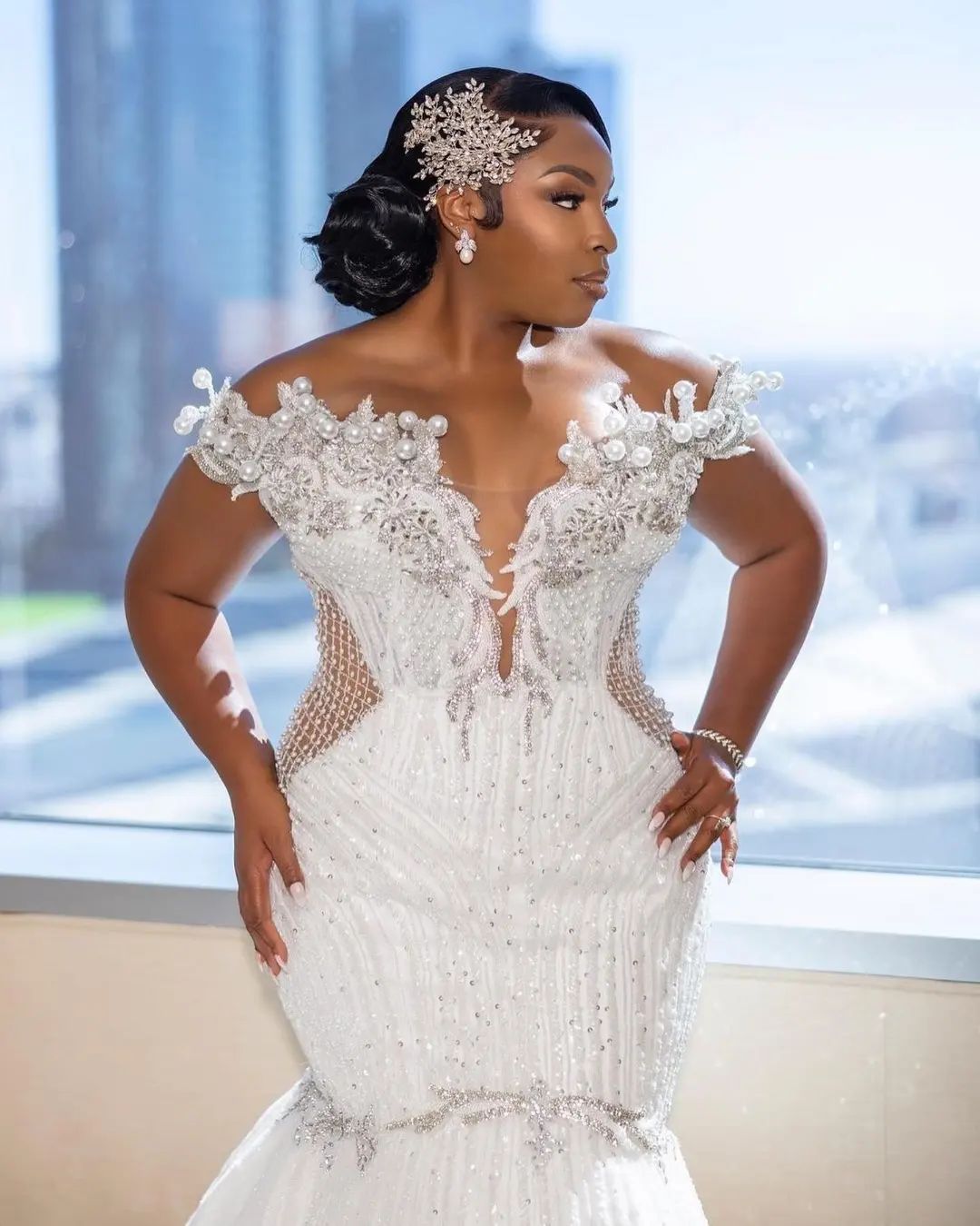 Plus Size Mermaid Dress Saudi Arabic Big Pearls Beading Off Shoulder Short Sleeve Wedding Gowns 0505 0505
