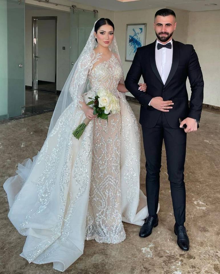 Sparkly Beads Mermaid Wedding Dress Sexy Sheer Jewel Neck Saudi Arabic Wedding Dresses With Detachable Train