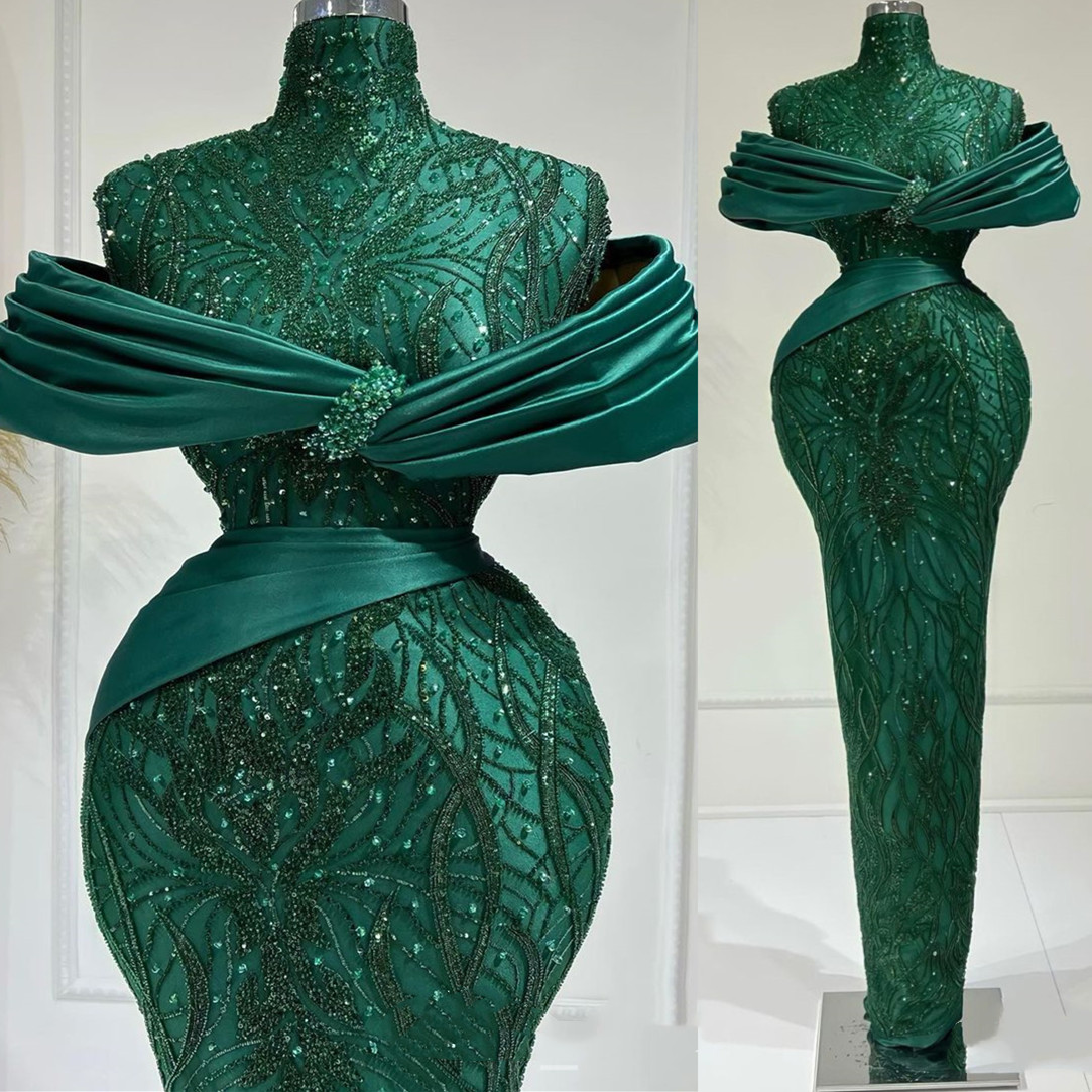 Arabic Aso Ebi Hunter Green Prom Dresses Sequined Lace Evening Formal Party Second Reception Birthday Engagement Gowns Dress ZJ 0228Lz