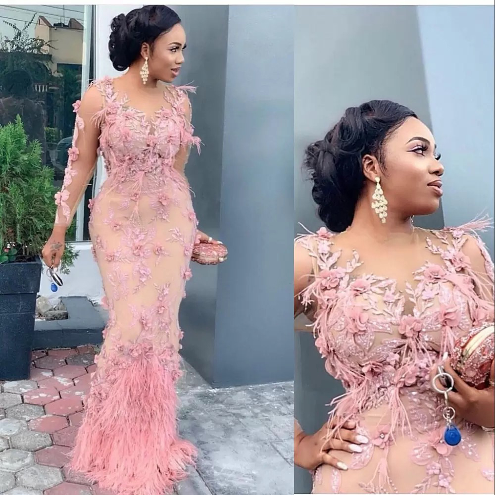 Pink Aso Ebi Arabic urious Lace Beaded Evening Dresses Feather Mermaid Long Sleeves Prom Dress Crystal Beads Formal Party Second Reception Gowns