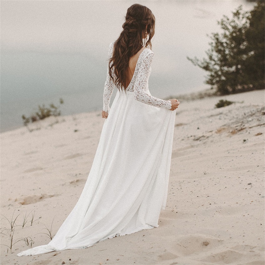 Beach Dress Long Sleeve Boho V Neck Backless Bridal Dresses Princess Lace Chiffon Wedding Gown novia