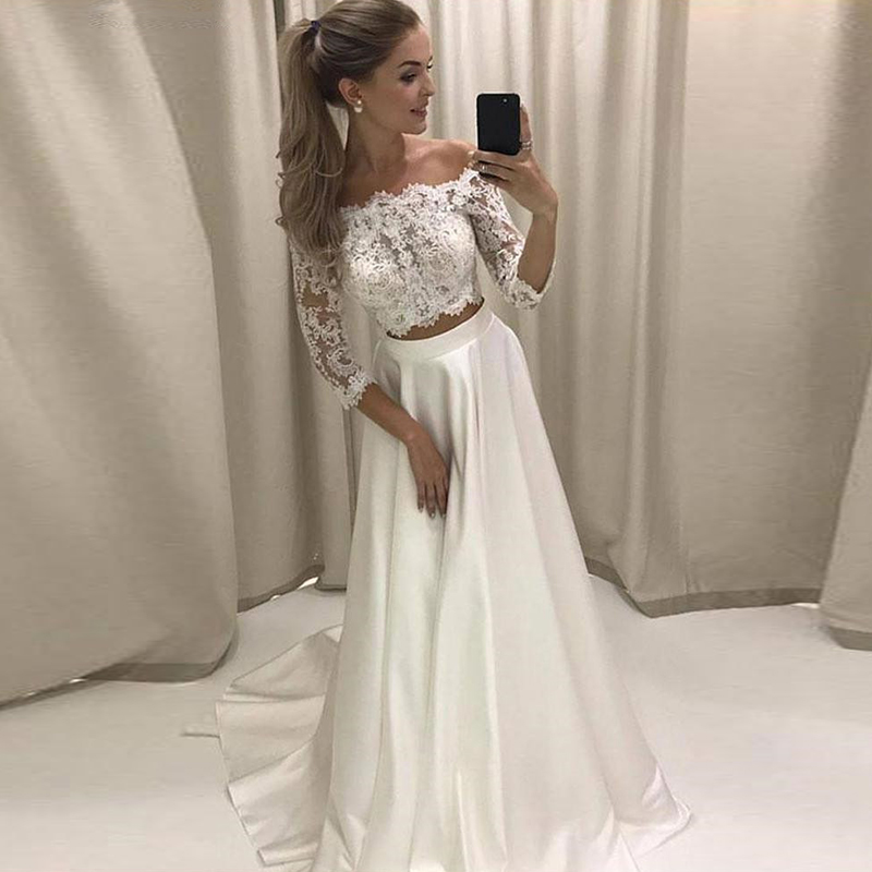 Two Pieces Dress Strapless Lace Satin Boho Wedding Gown with Half Sleeve A-e Custom Made Beach Bride Dresses