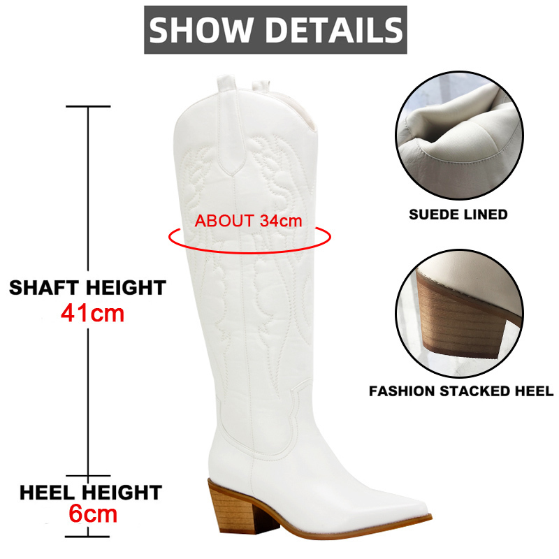 Boots Cowboy Cowgirls Western Autumn Winter White Knee High Women Big Size 41 Comfy Walking Stacked Heeled Vintage Shoes 221027 b9d2
