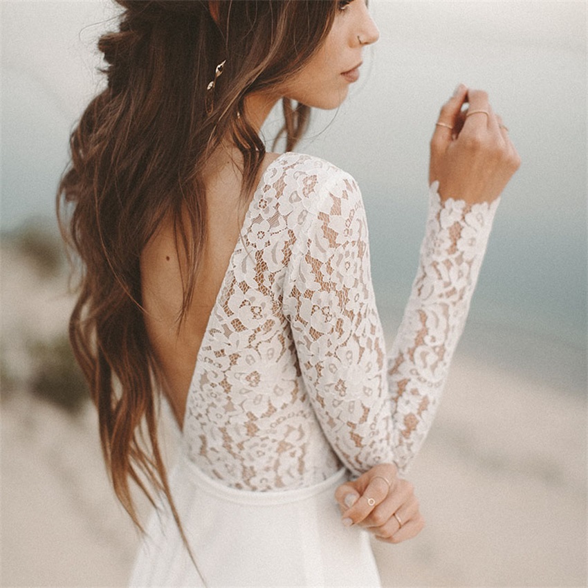 Beach Dress Long Sleeve Boho V Neck Backless Bridal Dresses Princess Lace Chiffon Wedding Gown novia