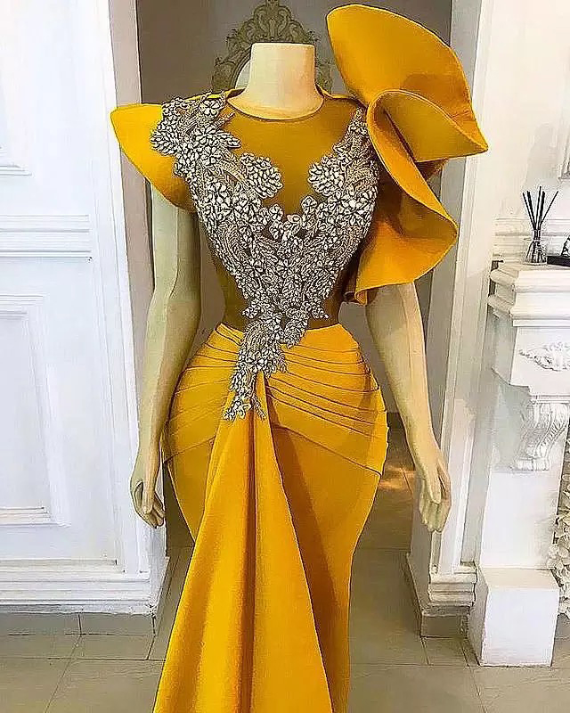 Size Arabic Plus Aso Ebi Yellow Mermaid Stylish Prom Dresses Lace Beaded Crystals Evening Formal Party Second Reception Bridesmaid Gowns Dress Zj336