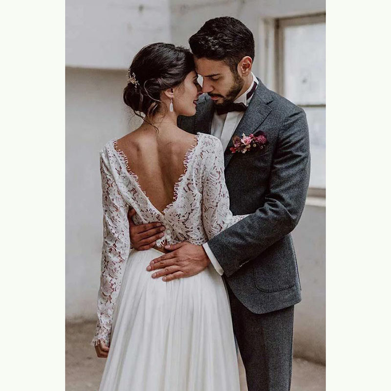 Modern Sexy Two Pieces Lace Long Sleeve Bridal Gowns Back Out Bateau Neck Wedding Dresses for Bride Boho On Sale