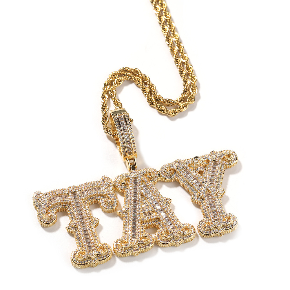 TopBling A-Z Custom Name Letters Pendant Necklace Iced Out 18K Real Gold Plated Hip Hop Jewelry