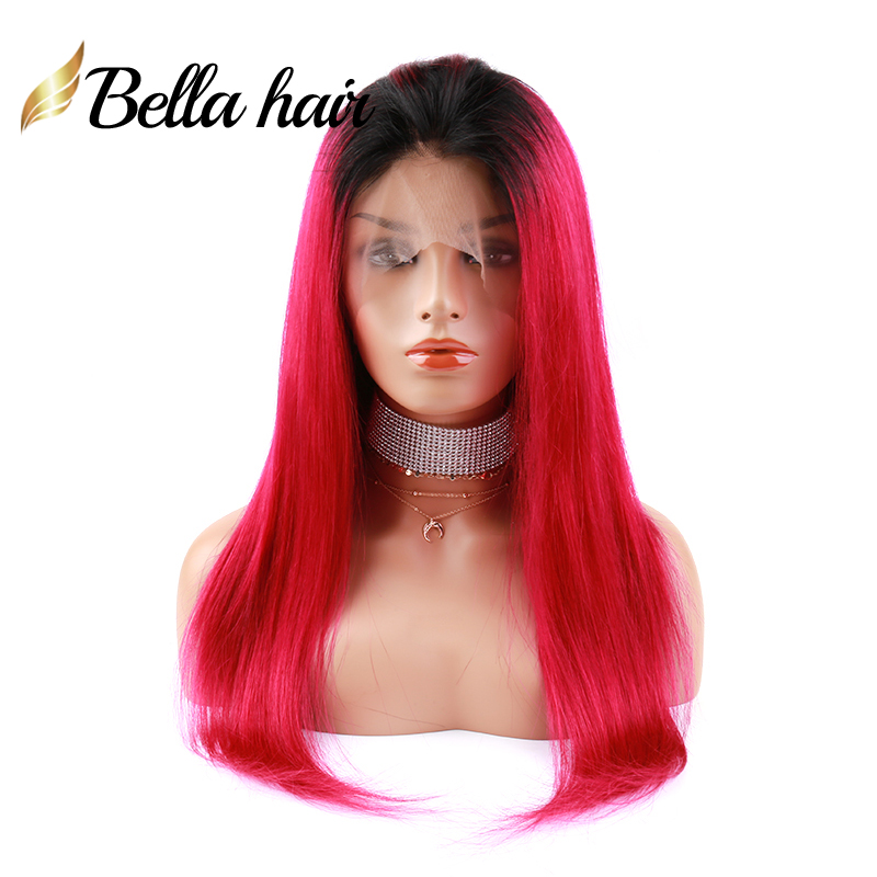 Full Lace Wigs Human Hair Colored Wig With Dark Root 1b Pink 99J Purple Burgundy Wine Red Grey Silky Straight Transparent Wigs 12-24 inch Bella Hair L