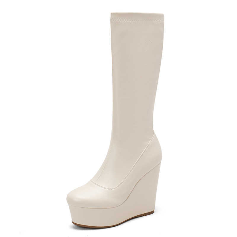 Boots Wig Shoes Woman Knee High Boots Platform Wedges Heels Black White High Boots Autumn Winter Party Shoes Ladies Large Size 43 J220923