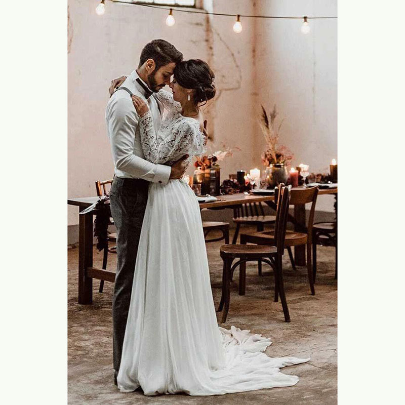Modern Sexy Two Pieces Lace Long Sleeve Bridal Gowns Back Out Bateau Neck Wedding Dresses for Bride Boho On Sale