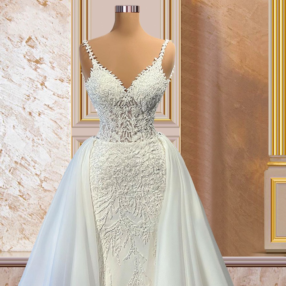 New 2 Pieces Pearls Lace Mermaid Wedding Dress With Detachable Chapel Train Bridal Gowns Vestido De Noiva Sereia Robe De Mariage