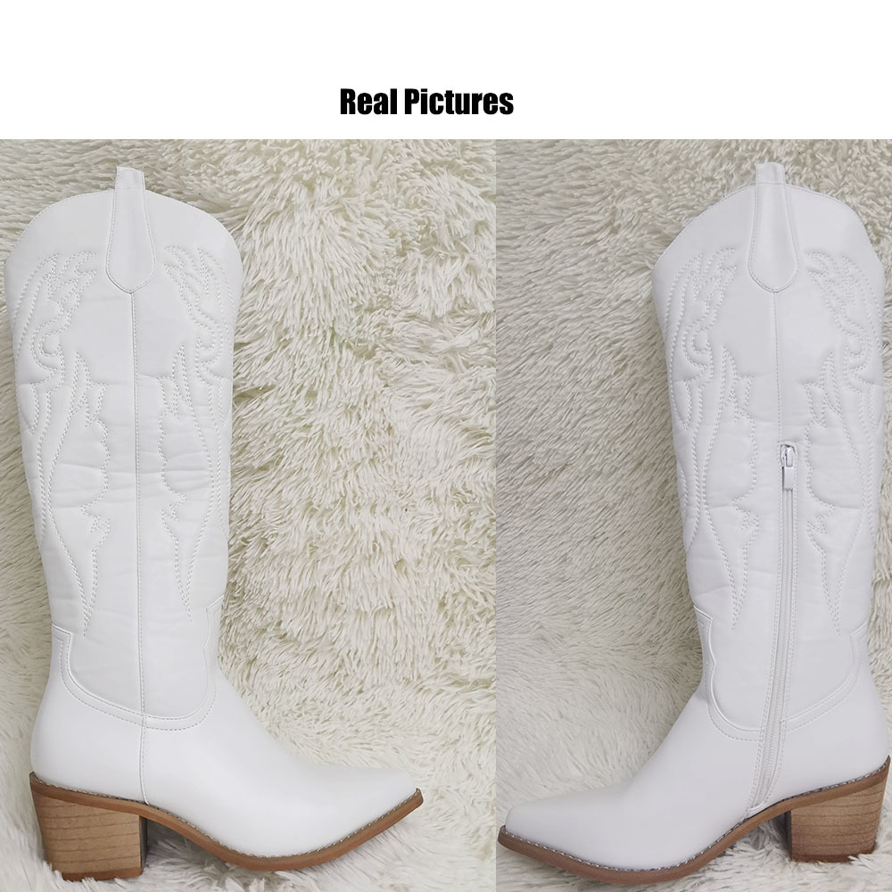 Boots Cowboy Cowgirls Western Autumn Winter White Knee High Women Big Size 41 Comfy Walking Stacked Heeled Vintage Shoes 221027 b9d2