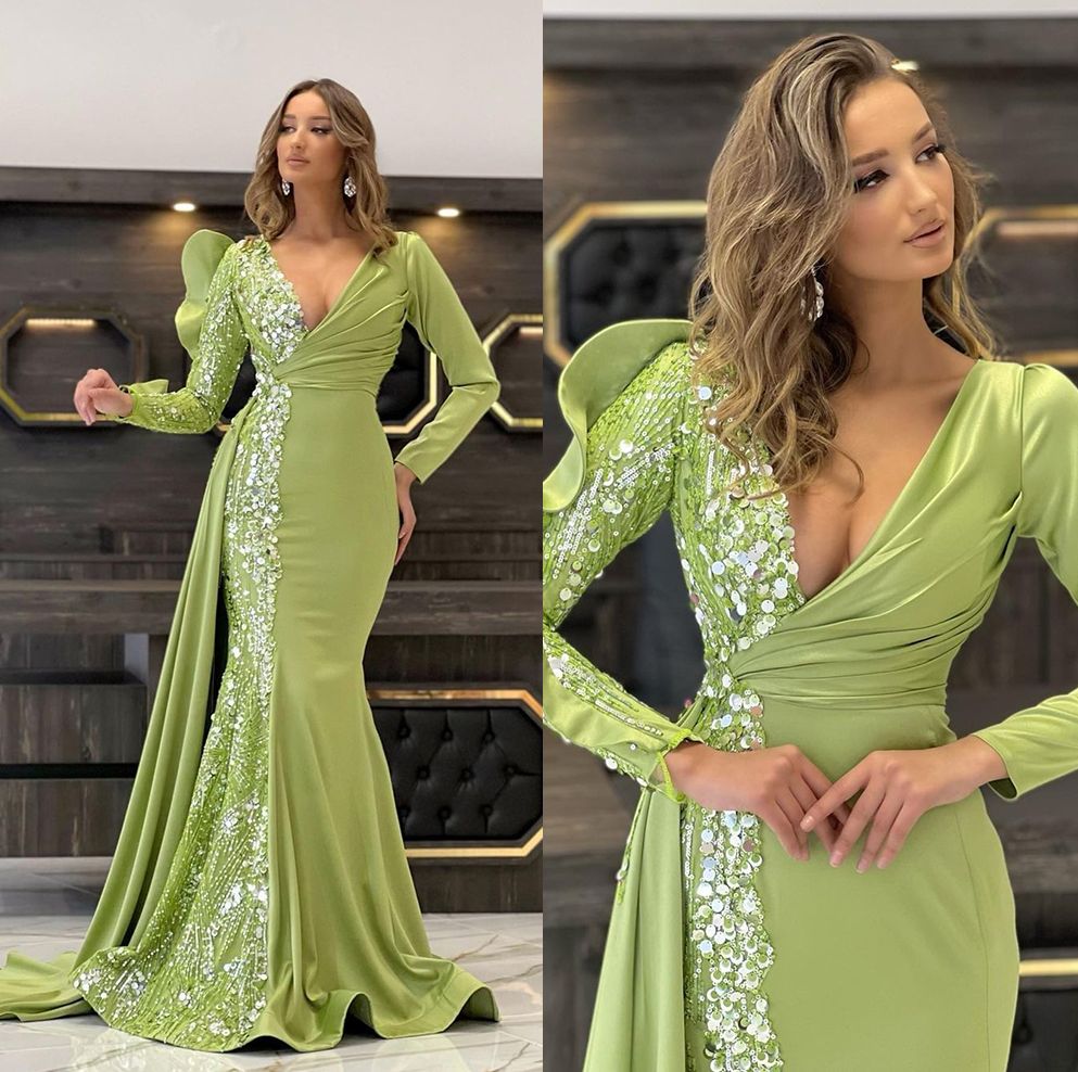 Vintage V Neck Prom Dresses Long Sleeves Lace Party Dresses Sequins Ruched with Overskirts Custom Made Evening Dress