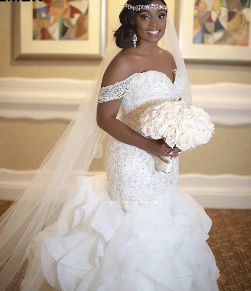 Ruffle Organza Mermaid Wedding Dress Lace Beads Pearls Off-the-shoulder Trumpet Bridal Gown Custom Made 2023 Robe De Mariage