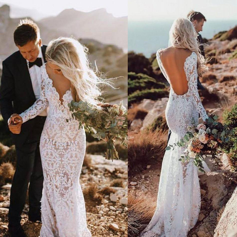 Exquisite New Mermaid Lace Long Sleeve Bridal Dresses Open Back Illusion Necke Wedding Gowns for Bride Appliqued