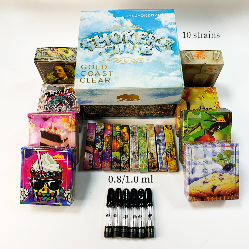 Popular Gold Coast Clear Vape Atomizers GCC Cartridges 10 Strains 0.8ml 1.0ml Empty 510 Thread Ceramic Coil Vapes Carts with packaging
Popular Gold Coast Clear Vape Atomizers GCC Cartridges 10 Strains 0.8ml 1.0ml Empty 510 Thread Ceramic Coil Vapes Carts with packaging