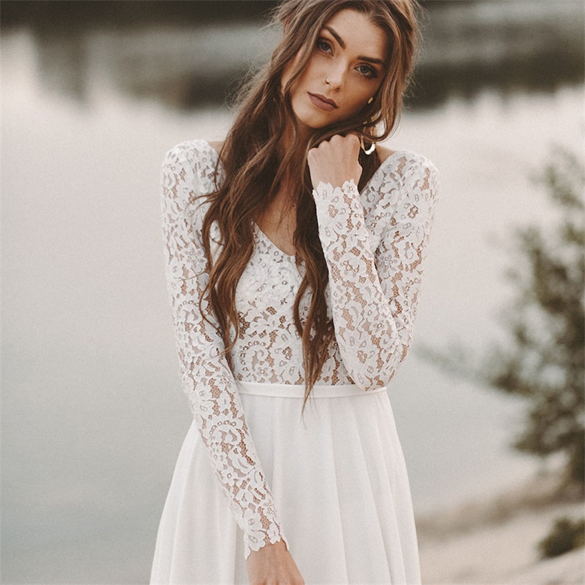 Beach Dress Long Sleeve Boho V Neck Backless Bridal Dresses Princess Lace Chiffon Wedding Gown novia
