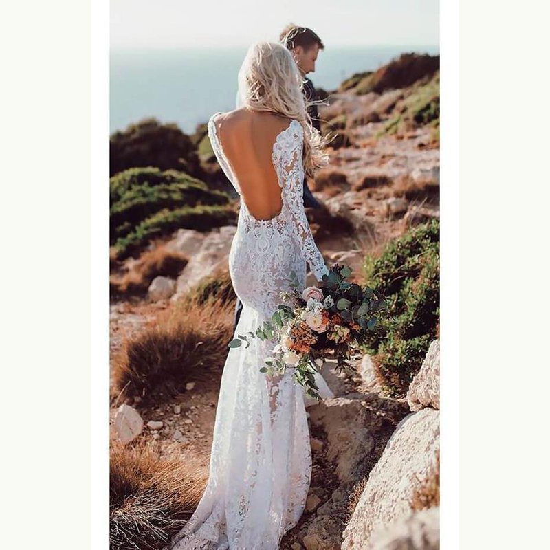 Exquisite New Mermaid Lace Long Sleeve Bridal Dresses Open Back Illusion Necke Wedding Gowns for Bride Appliqued