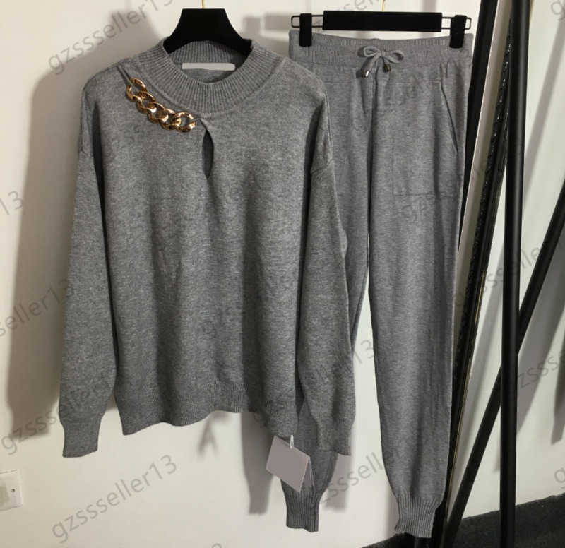 Two Piece Sets Womens Two Pieces Pants Chest Metal Chain Hole Round Neck Pullover Knitted Sweater Elastic Waist Pocket Trousers Fashionable Joker Women Clothing 197
Two Piece Sets Womens Two Pieces Pants Chest Metal Chain Hole Round Neck Pullover Knitted Sweater Elastic Waist Pocket Trousers Fashionable Joker Women Clothing 197