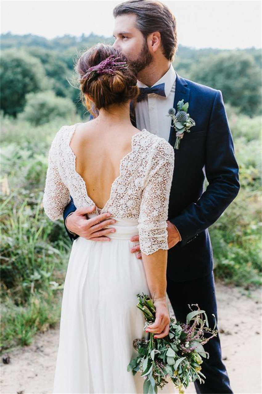 Elegant Chiffon Boho Dresses Deep V-neck 3/4 Sleeves Backless Beach Wedding Gowns Bride Dress Vestido de novia