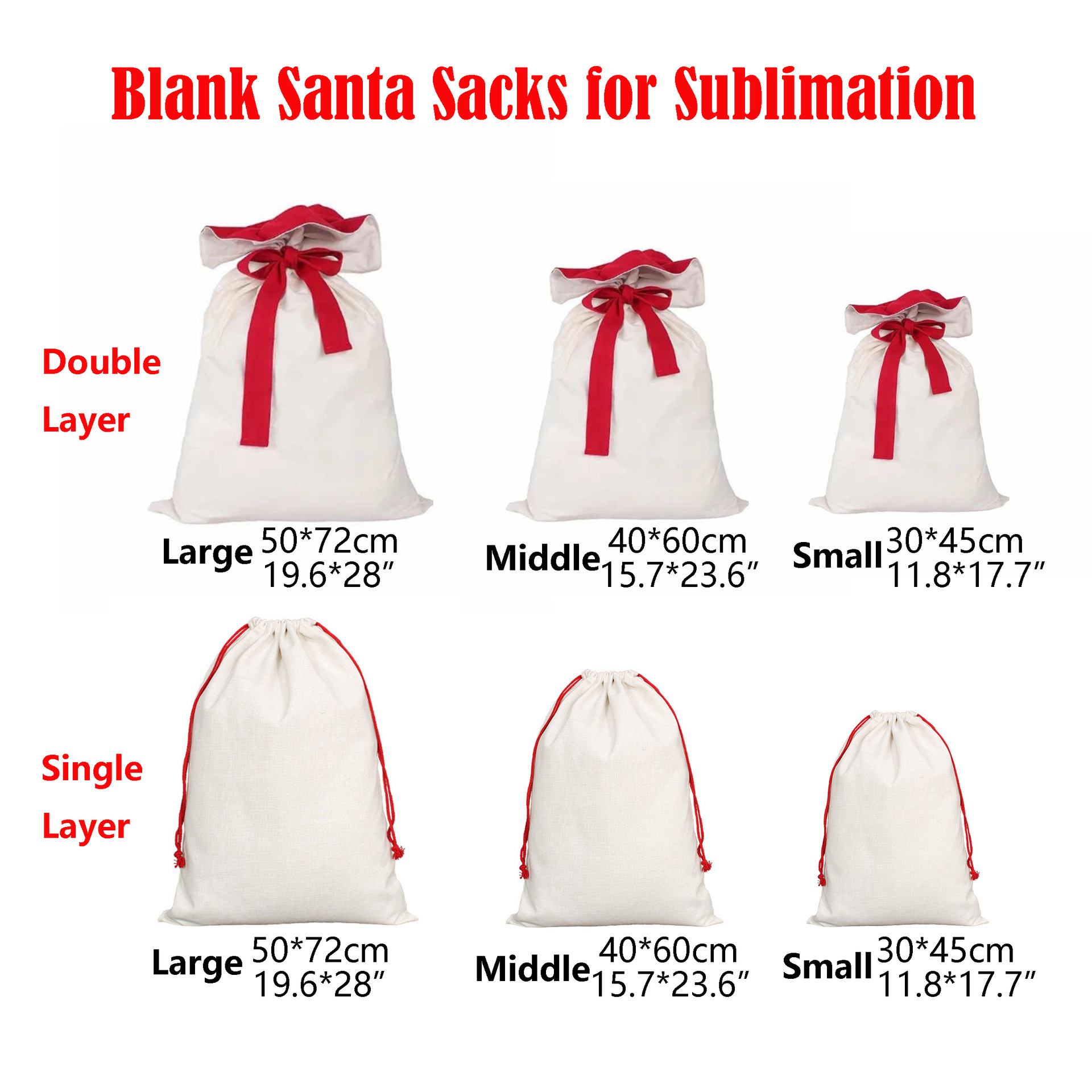 US warehouse sublimation Christmas Santa Sacks small middle Large double layer Christmas Polyester Canvas Gift Bag candy bags Reusable Personalized fo