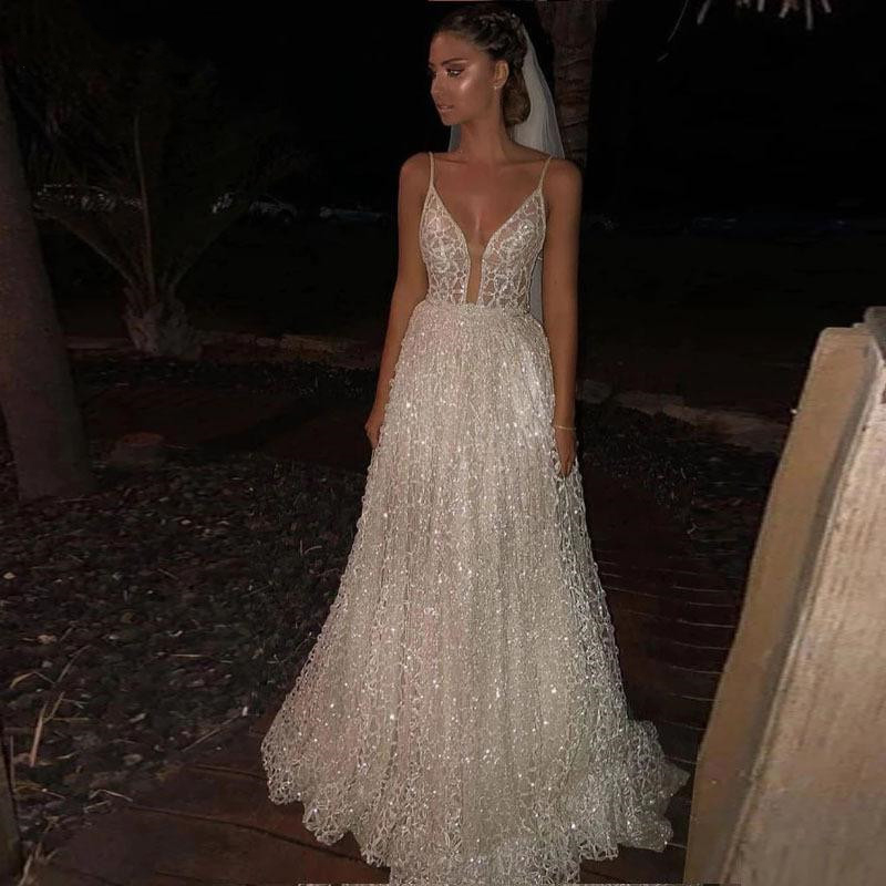 A e Princess Wedding Dresses Sexy Spaghetti Strap Glitter Tulle Bridal Gowns vestidos de novia Custom Made