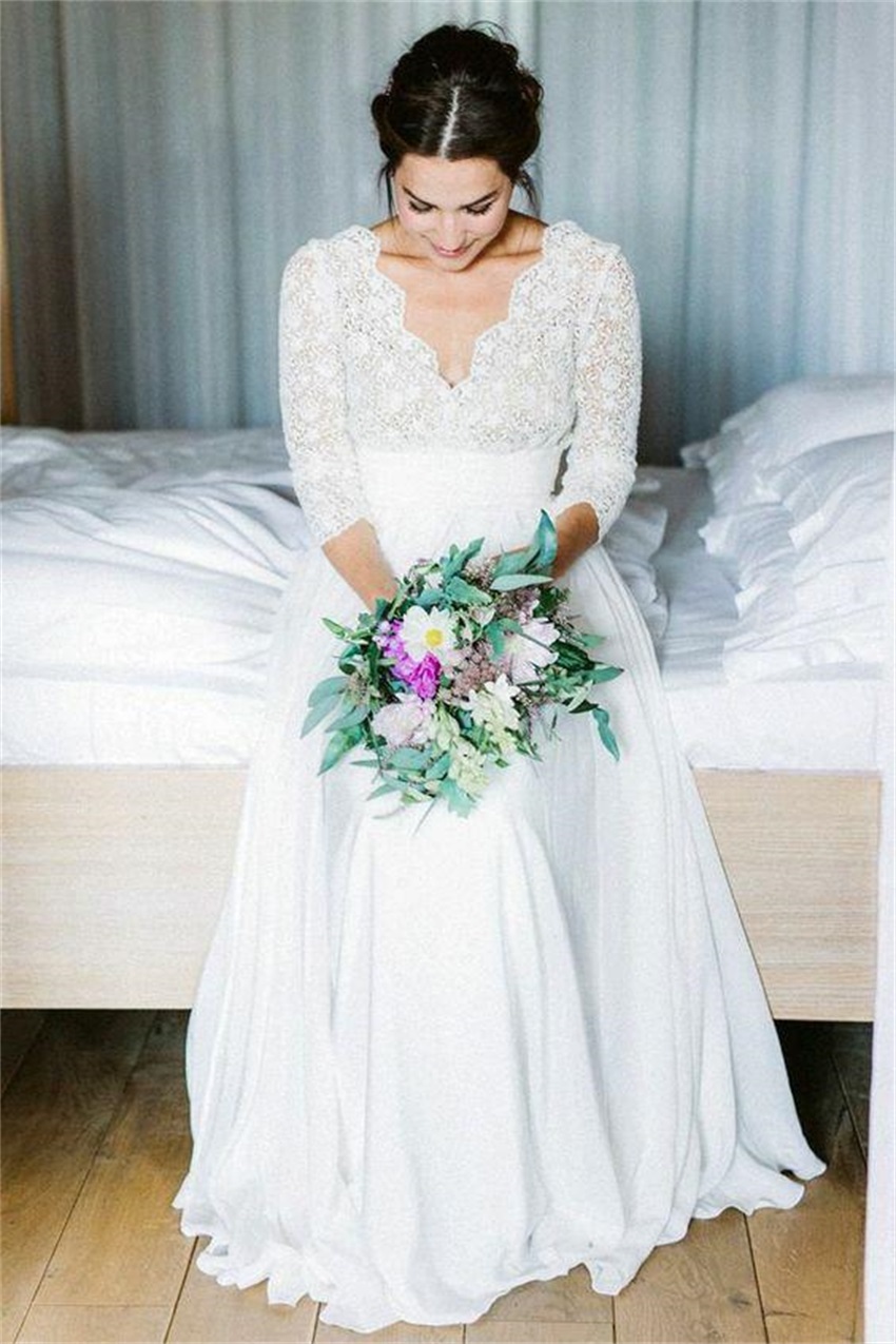 Elegant Chiffon Boho Dresses Deep V-neck 3/4 Sleeves Backless Beach Wedding Gowns Bride Dress Vestido de novia