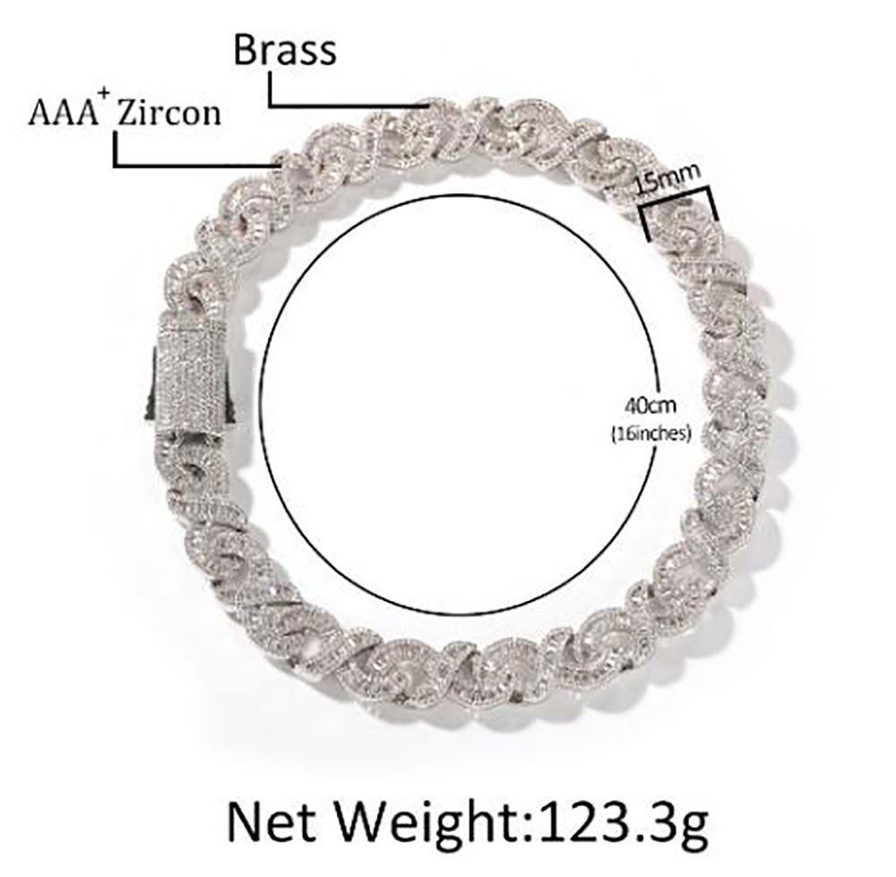 15MM Width Iced Infinity Link Chain Necklace 14K White Gold Plated Baguette Diamond Cubic Zirconia Jewelry 16inch24inch Cuban Cha