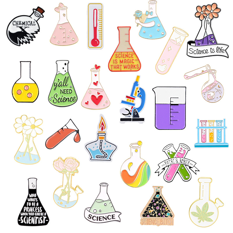 Creative Chemical products Science Brooches Test Tube Badge Laboratory Bottle Series brooch set Alcohol Lamp Microscope Beaker Letter shape badge Whol