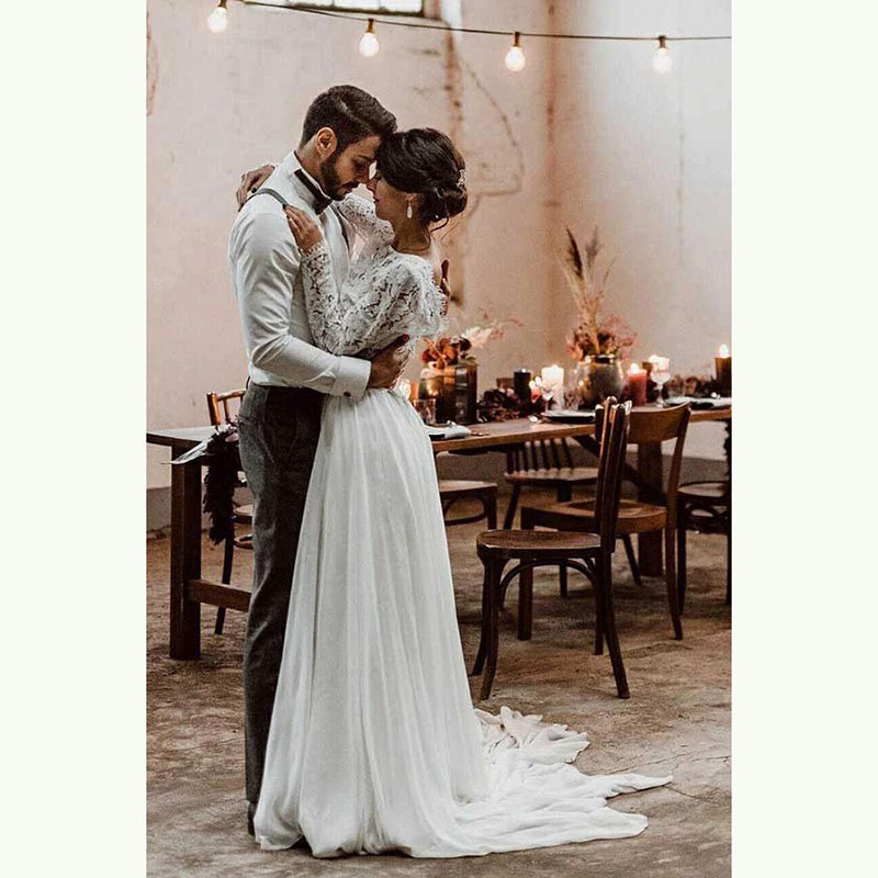 Modern Sexy Two Pieces Lace Long Sleeve Bridal Gowns Back Out Bateau Neck Wedding Dresses for Bride Boho On Sale