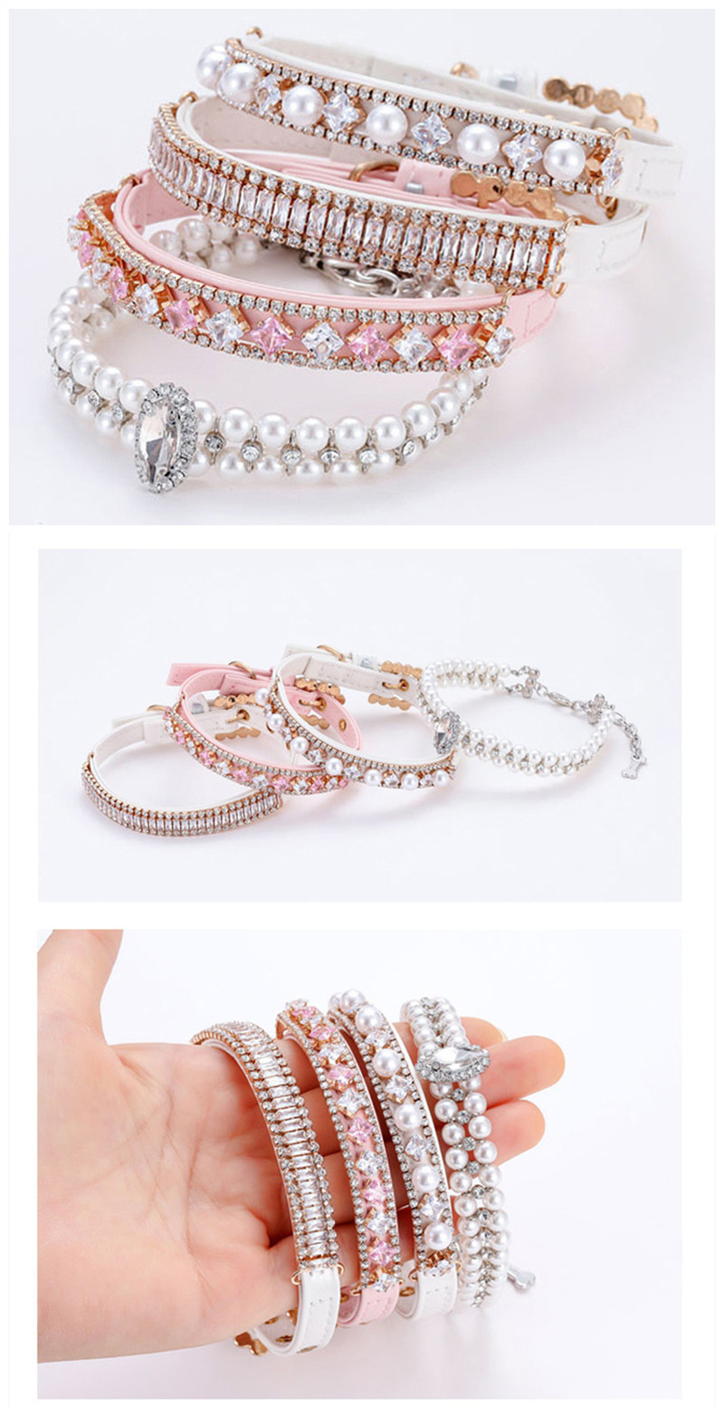 Update Dog Collars Cat Pearl With Crystal Rhinestone Necklace Adjustable PU Leather Neck Strap For Small Dogs Accessories