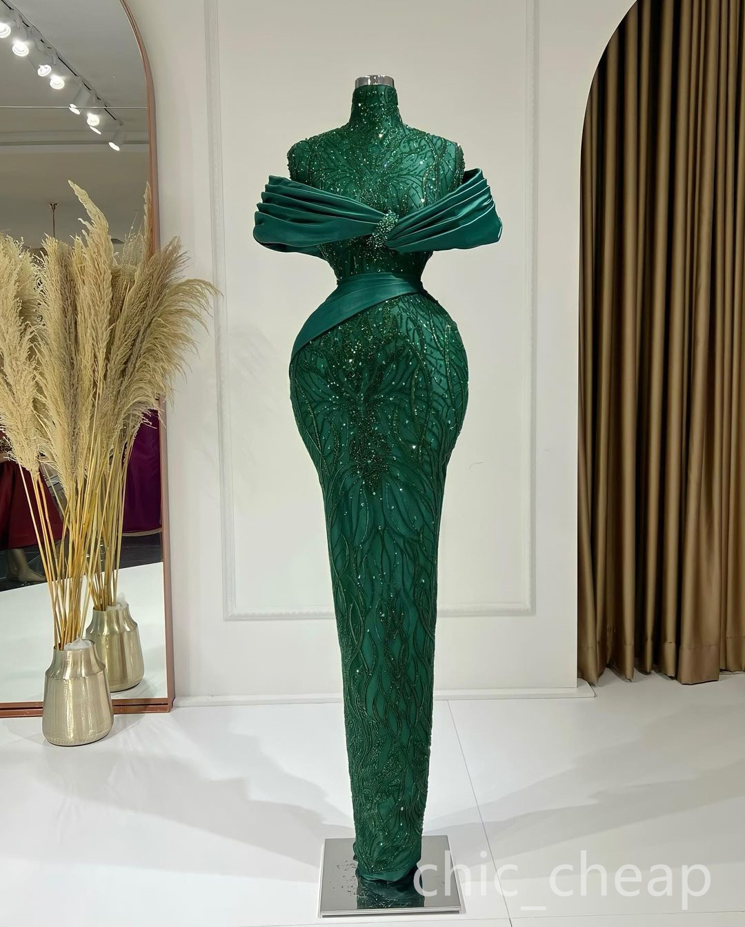 Arabic Aso Ebi Hunter Green Prom Dresses Sequined Lace Evening Formal Party Second Reception Birthday Engagement Gowns Dress ZJ 0228Lz