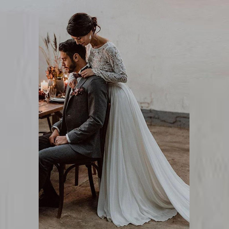 Modern Sexy Two Pieces Lace Long Sleeve Bridal Gowns Back Out Bateau Neck Wedding Dresses for Bride Boho On Sale