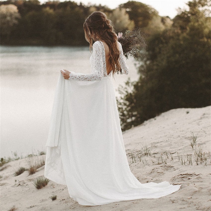 Beach Dress Long Sleeve Boho V Neck Backless Bridal Dresses Princess Lace Chiffon Wedding Gown novia