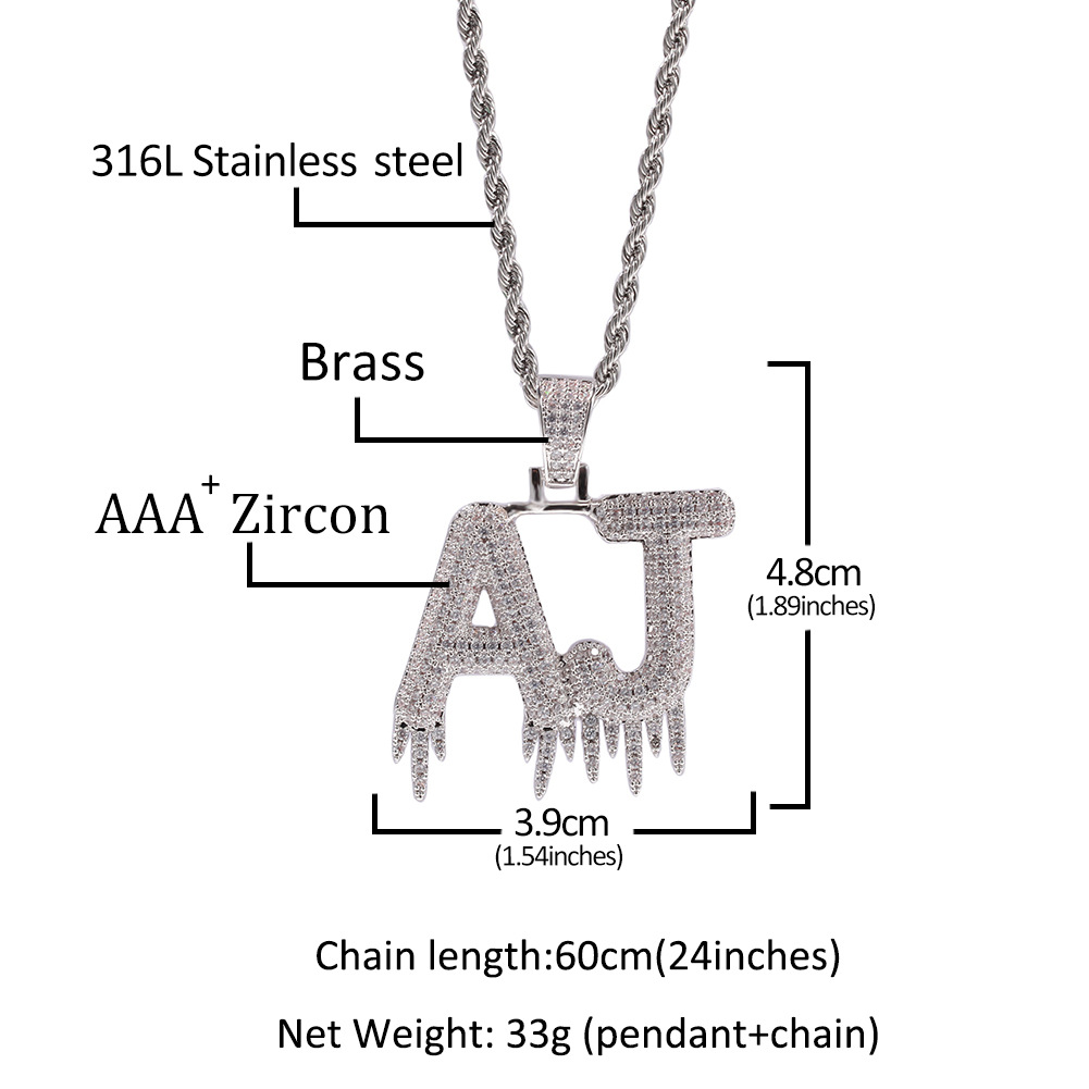 Custom TopBling A-Z Baguette Letters Ice Name Pendant Necklace Bling 18K Real Gold Plated Hip Hop Jewelry