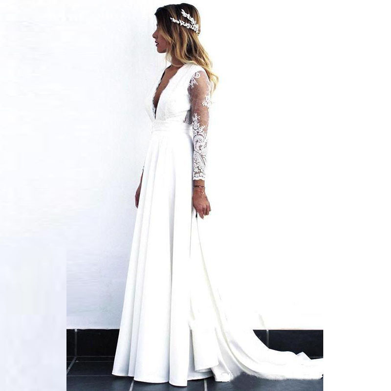 Wholesale Charming White Long Sleeve Bridal Wedding Gowns Lace Deep V Neckline Wedding Dress for Bride Cut Out Back A Line