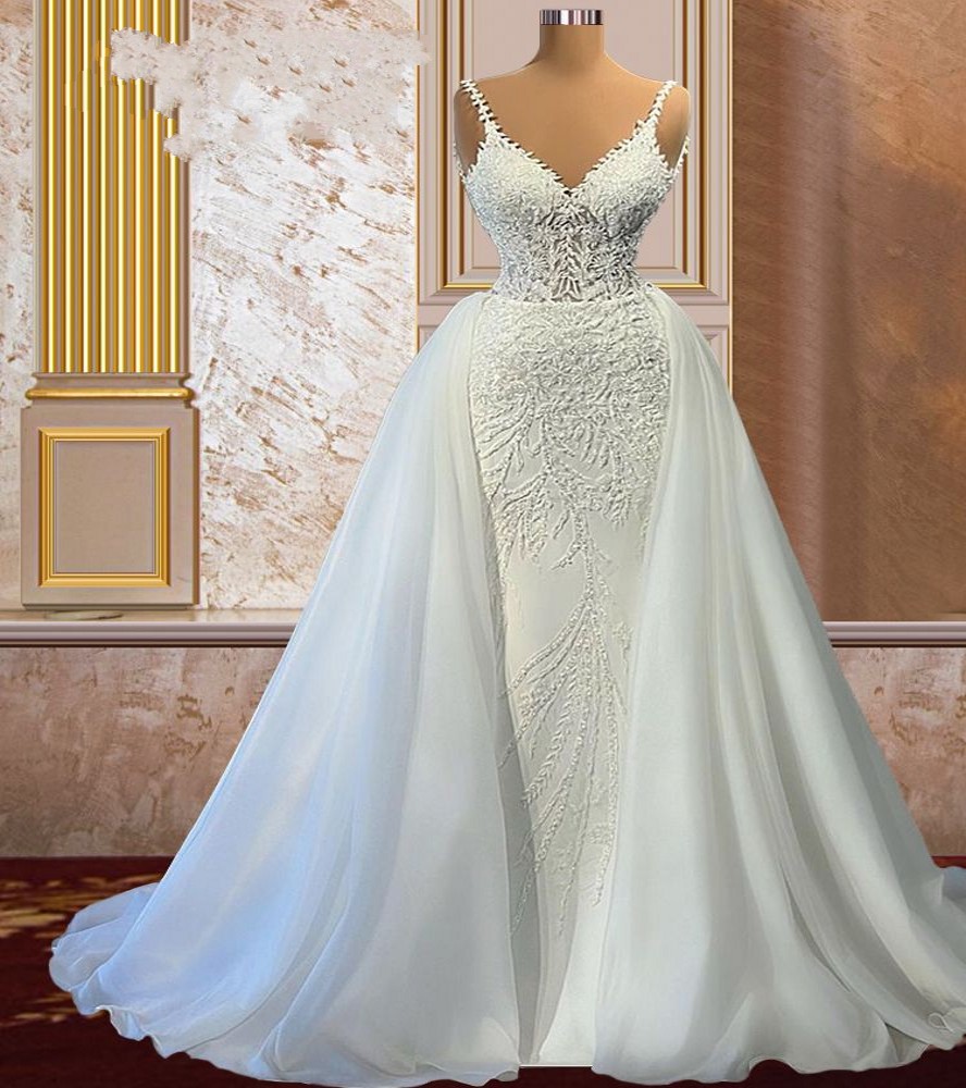 New 2 Pieces Pearls Lace Mermaid Wedding Dress With Detachable Chapel Train Bridal Gowns Vestido De Noiva Sereia Robe De Mariage