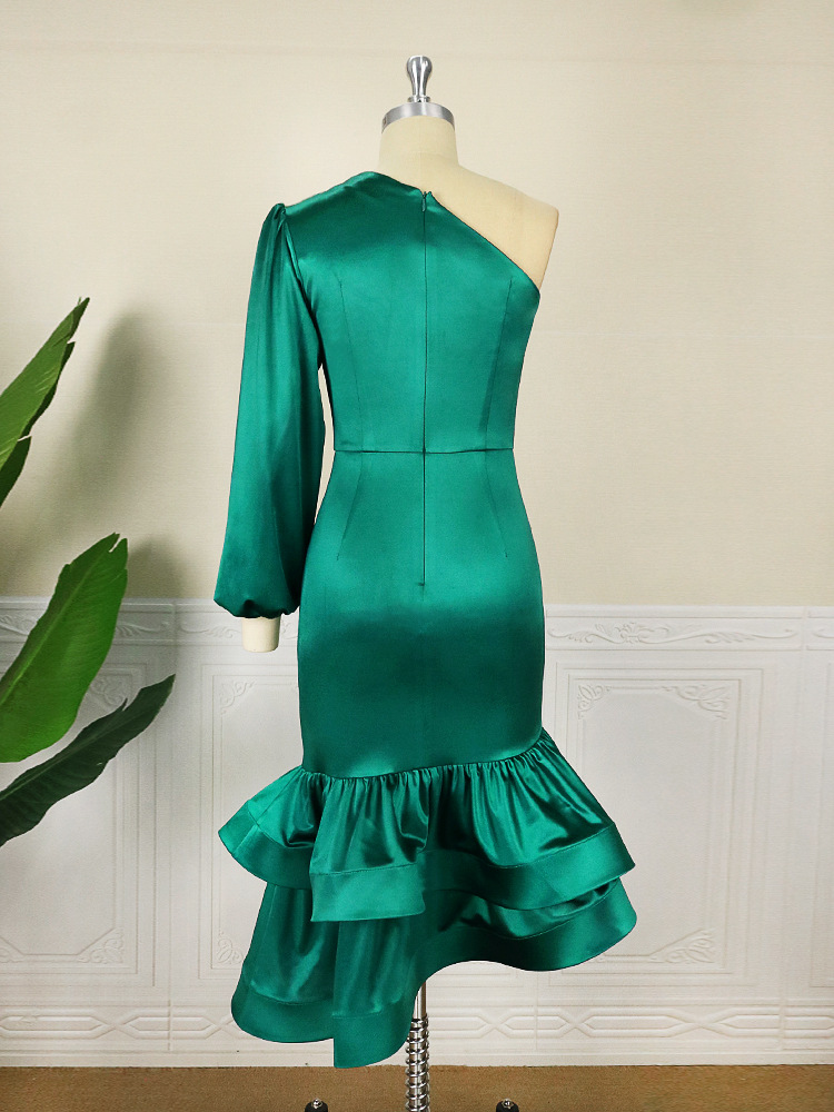Sexy Green Asymmetrical Formal Prom Dress Tea Length One Shoulder Long Sleeves Women Evening Party Gown Robes De Soiree 2023