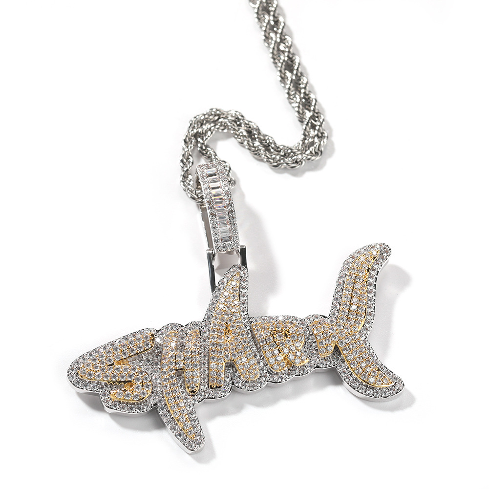 Hip Hop Shark Letters Pendant Necklace Jewelry for Women Men Real Gold Plated TopBling Zircon