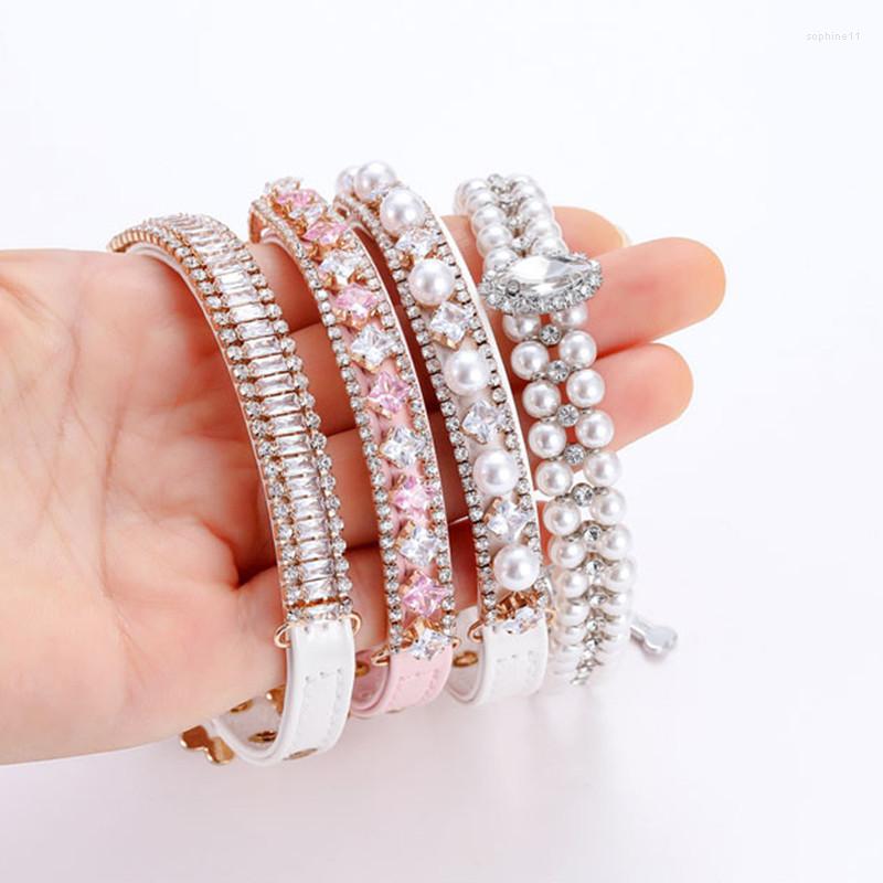 Dog Collars Cat Pearl With Crystal Rhinestone Necklace Adjustable PU Leather Neck Strap For Small Dogs Accessories